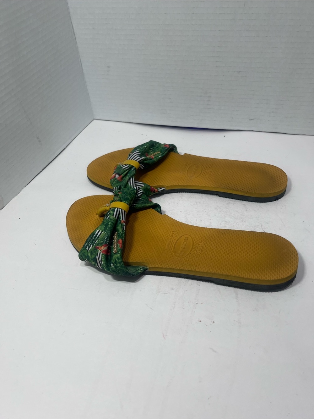 Havaianas Green Floral Knot Slide Sandals with Mustard Footbed